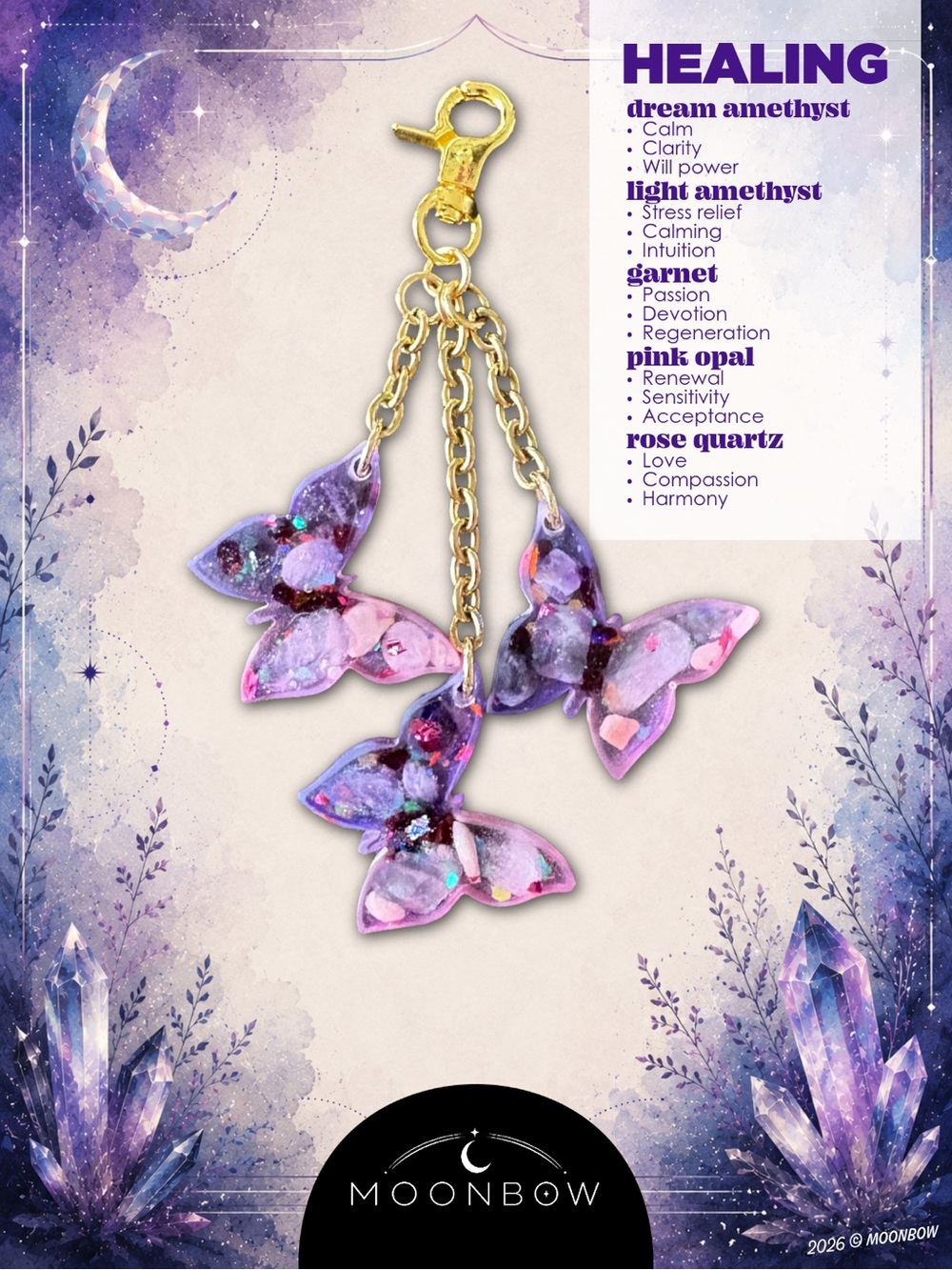 Moonbow Handmade Charm - Amethyst, Garnet, Rose Quartz, Pink Opal